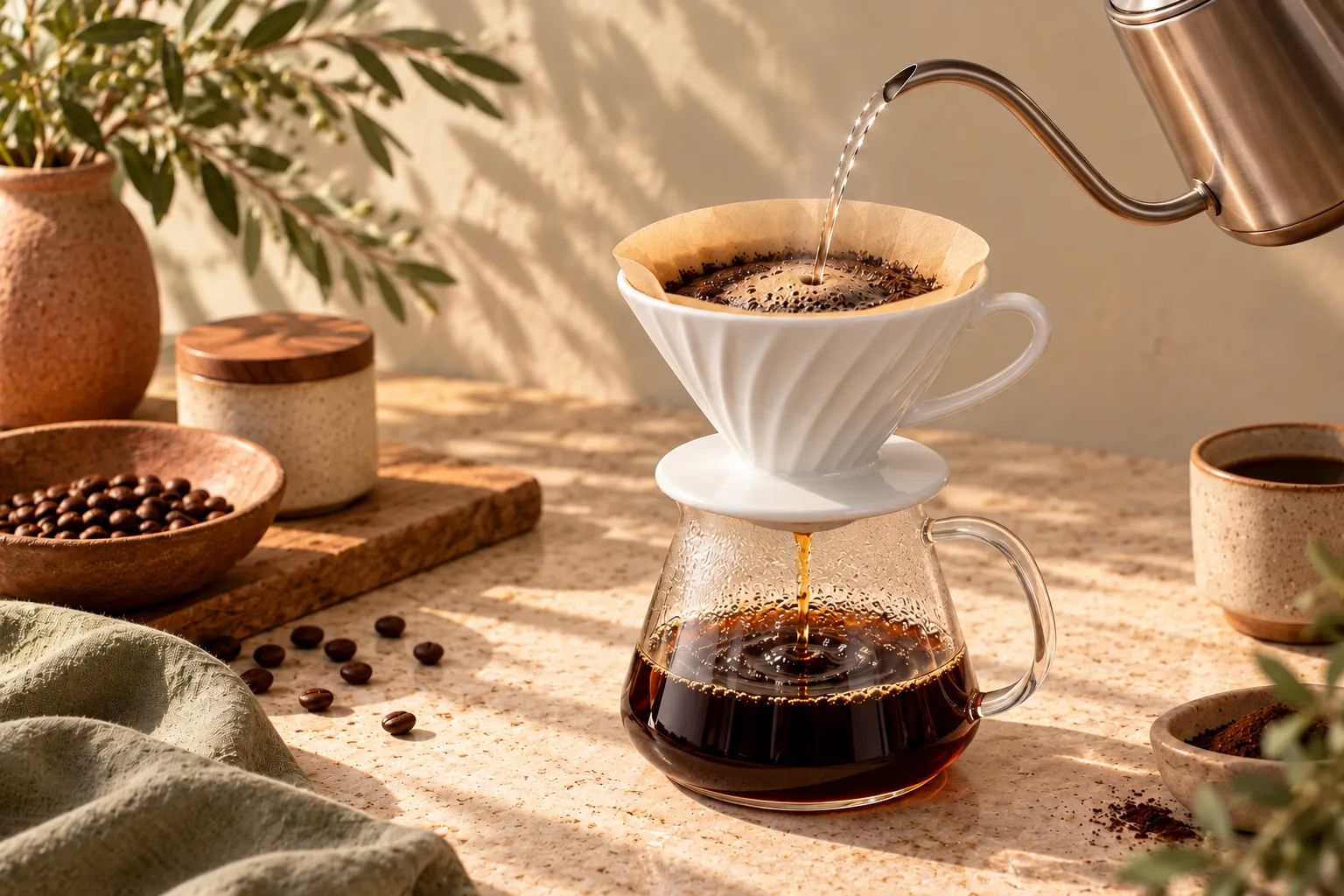 Illustration: a gooseneck kettle pouring into a white V60 dripper over a glass server, in warm morning light.